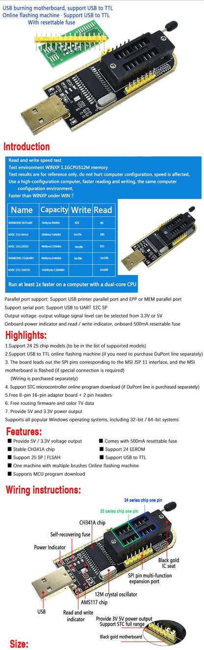 CH341A USB EEPROM Flash BIOS Programmer with SOIC8 SOP8 Test Clip for 24 25 93 Series Chips