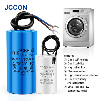CBB60 Motor Run and Start Capacitor 450V AC 3–100µF for Washing Machines