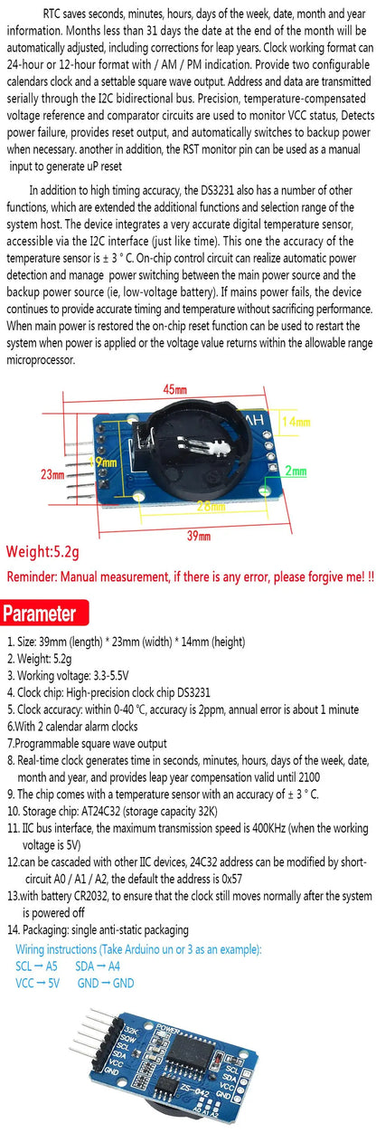 PCF8563 DS3231 DS1302 I2C Precision RTC Real-Time Clock Memory Module for Arduino