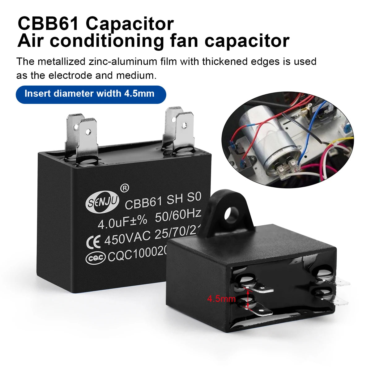 CBB61 Air Conditioner Fan Motor Run and Start Capacitor 450V 1µF–4.5µF