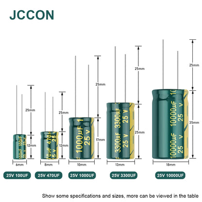 JCCON Aluminum Electrolytic Capacitor | High Frequency Low ESR | 6.3V-450V, 100UF-470UF | For Audio & Power Supply