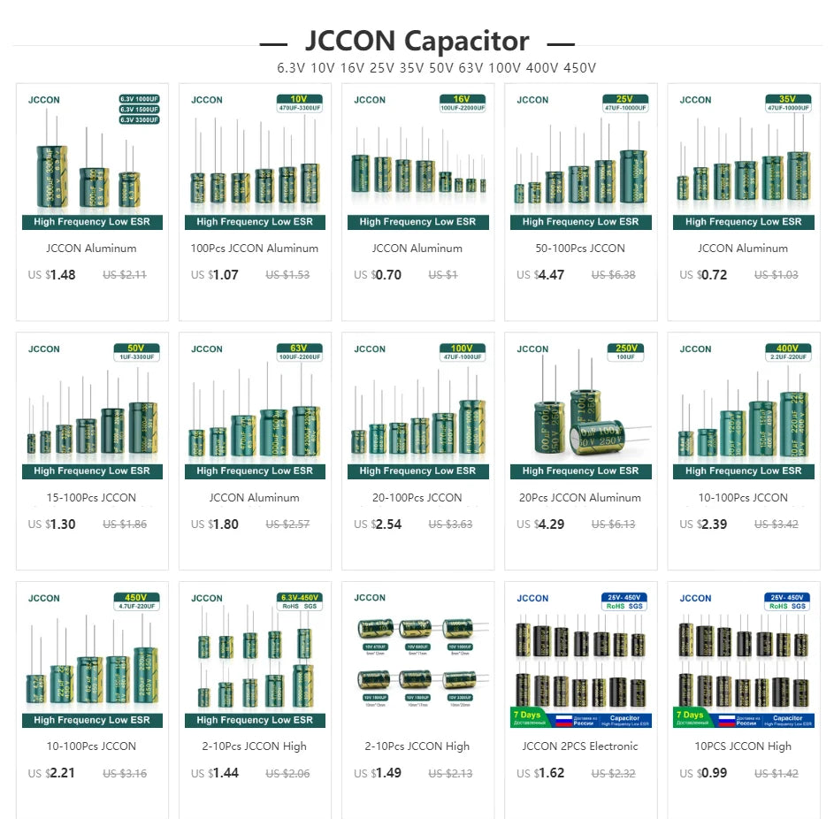 JCCON Aluminum Electrolytic Capacitor | High Frequency Low ESR | 6.3V-450V, 100UF-470UF | For Audio & Power Supply