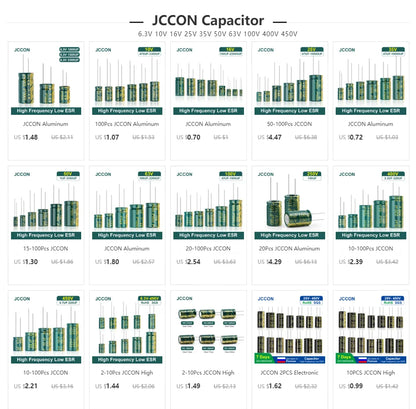JCCON Aluminum Electrolytic Capacitor | High Frequency Low ESR | 6.3V-450V, 100UF-470UF | For Audio & Power Supply