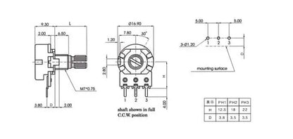 WH148 3-Pin Dual Stereo Potentiometer 15mm Shaft – 1K to 500K