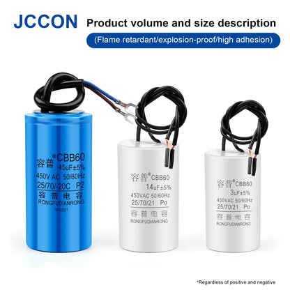 CBB60 Motor Run and Start Capacitor 450V AC 3–100µF for Washing Machines