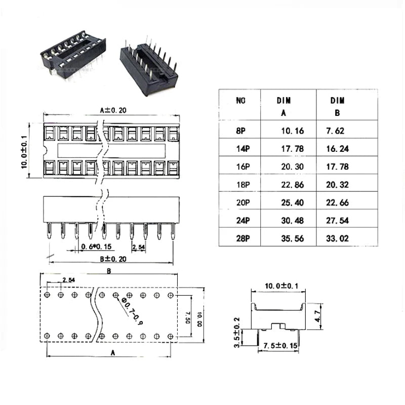 DIP IC Sockets — 6 to 40 Pin, Solder Type, 2.54mm Pitch, PCB Mount (5-Pack)