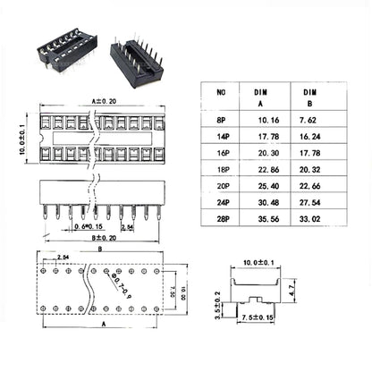 DIP IC Sockets — 6 to 40 Pin, Solder Type, 2.54mm Pitch, PCB Mount (5-Pack)