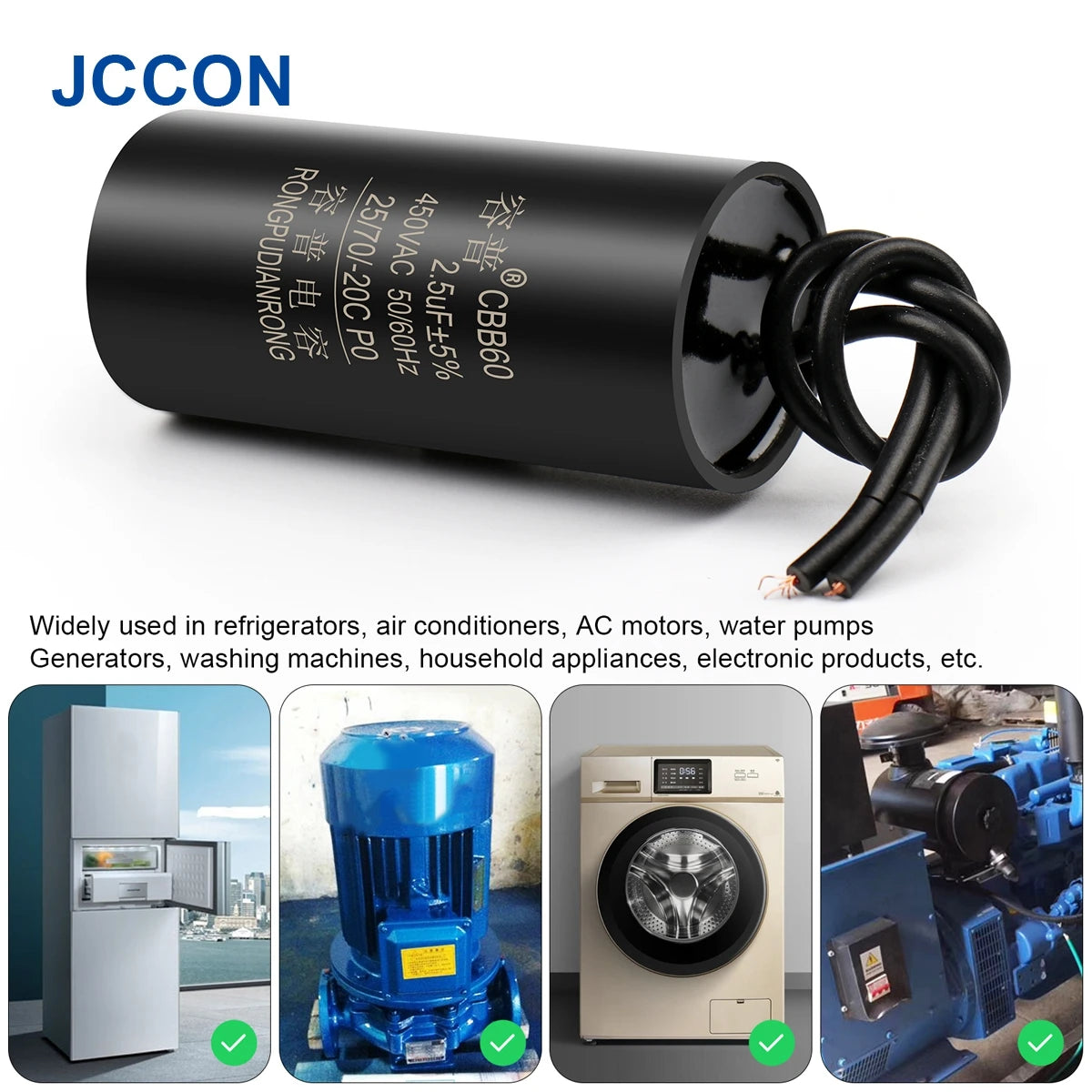 CBB60 Motor Run and Start Capacitor 450V AC 1.1–13µF for Water Pumps and Washing Machines