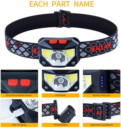 8 Modes Motion Sensor XPE COB LED Headlamp USB Rechargeable