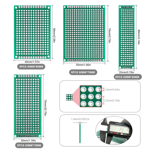 Double-Sided PCB Prototype Board Set Universal DIY Printed Circuit 10x10, 10x15, 10x22, 12x18, 13x25, 15x20, 18x30, 20x30cm Protoboard