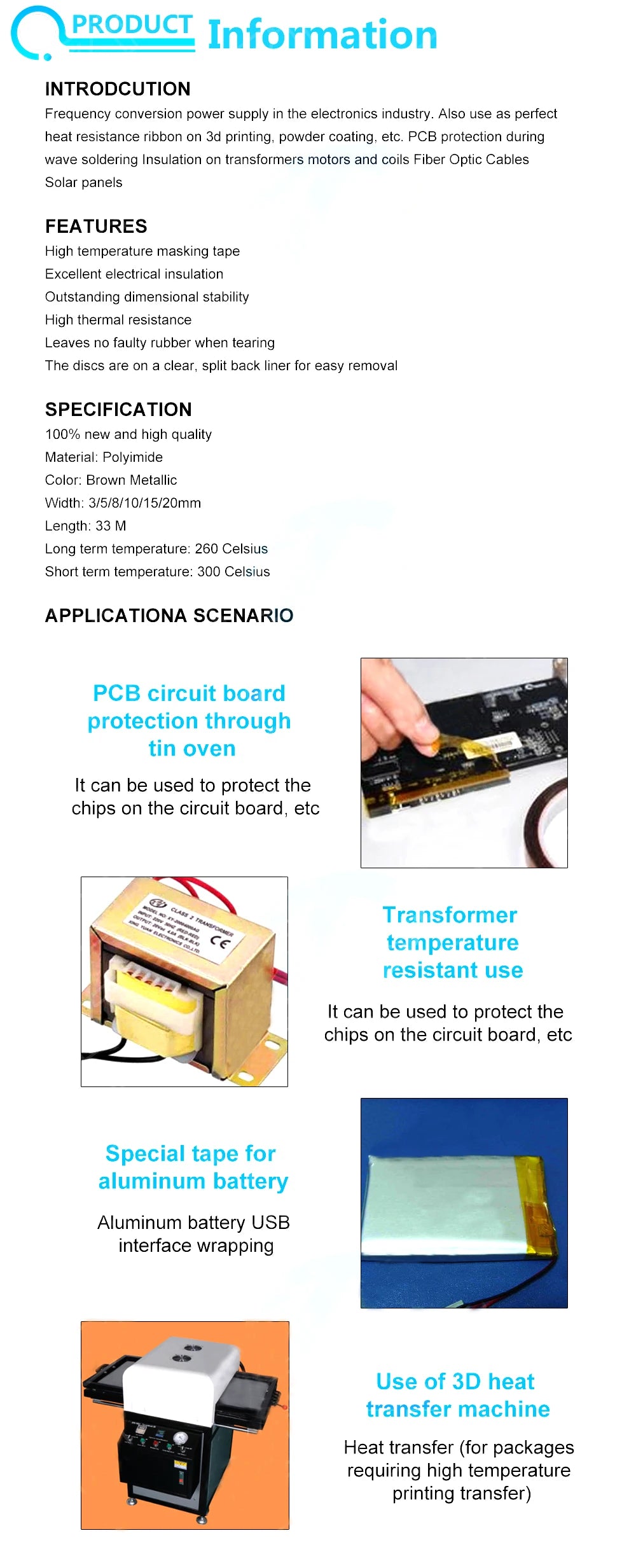 High Temperature Polyimide Tape 5-40mm Heat Resistant Insulation Film Adhesive
