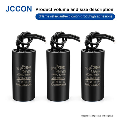 CBB60 Motor Run and Start Capacitor 450V AC 1.1–13µF for Water Pumps and Washing Machines