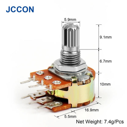 WH148 Dual Stereo Amplifier Potentiometer 1K–500KΩ 6-Pin 15mm Shaft