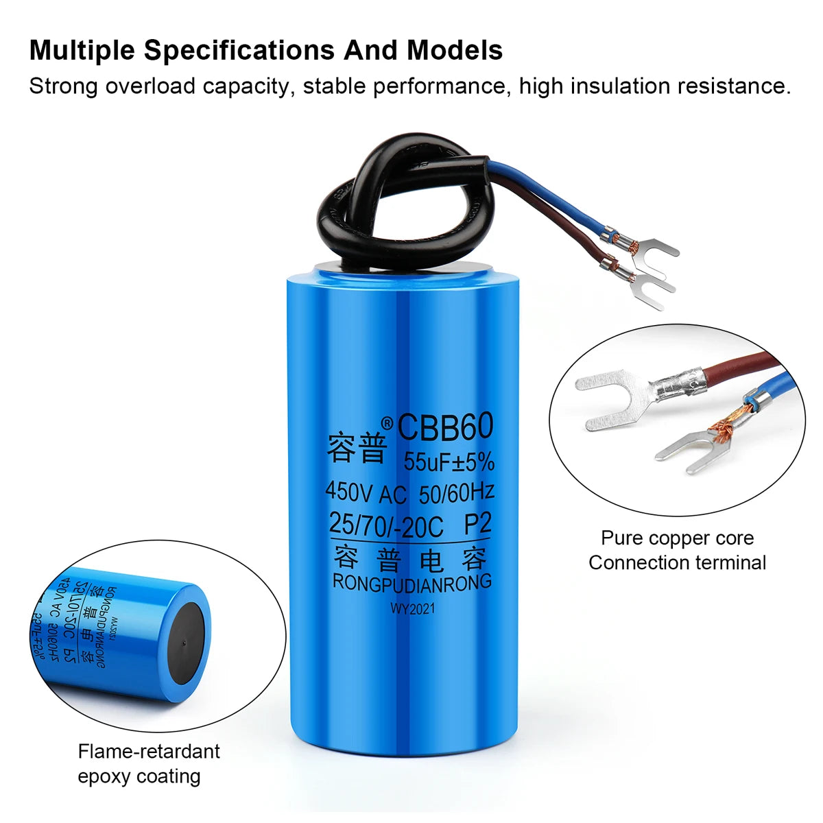 CBB60 Motor Run and Start Capacitor 450V AC 3–100µF for Washing Machines