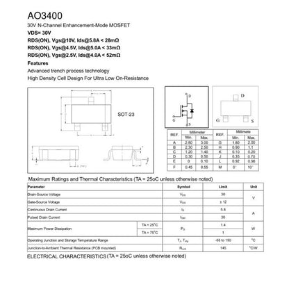 10PCS AO3400 SOT-23 N-Channel MOSFET SMD IC Chipset for Power Switching and DC-DC Circuits