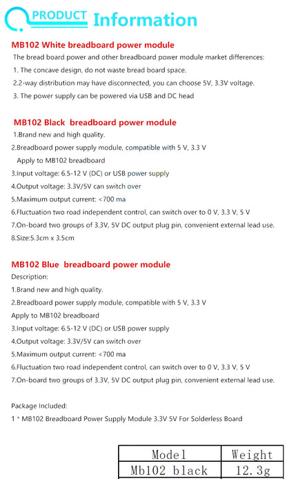 3.3V/5V MB102 Breadboard Power Module with 400-Point Solderless Prototype Breadboard and Flexible Jumper Wires Kit
