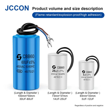 CBB60 450V AC Motor Running Capacitor for Water Pump, Start and Run Capacitor 3uF to 80uF