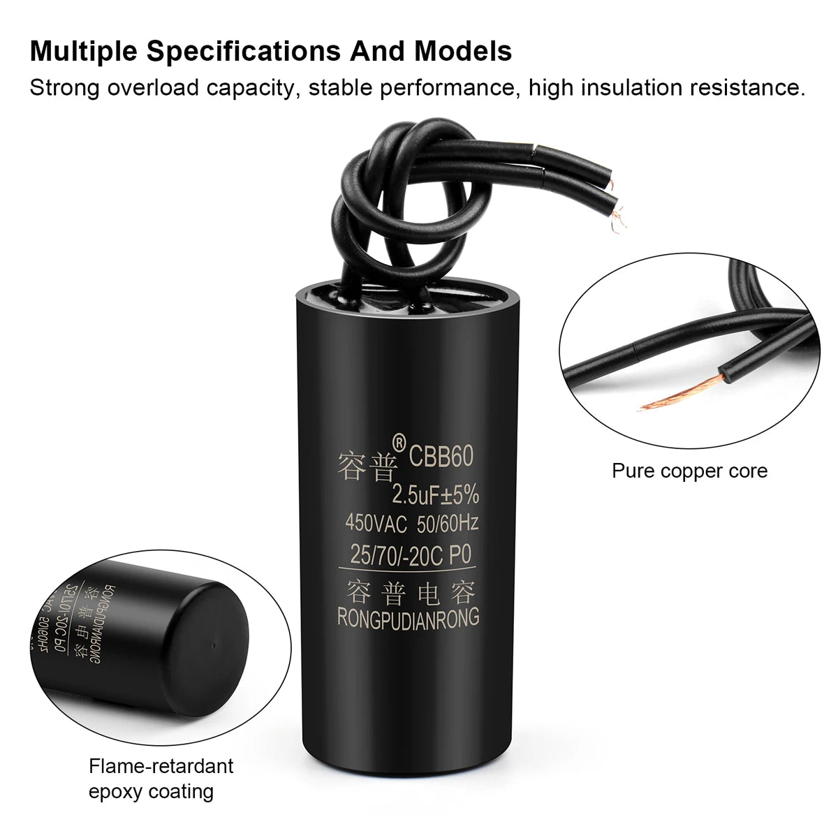 CBB60 Motor Run and Start Capacitor 450V AC 1.1–13µF for Water Pumps and Washing Machines