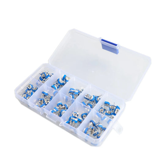 RM065 Multiturn Trimmer Potentiometer Kit — 100pcs, 10 Values 500Ω–1MΩ, Carbon Film