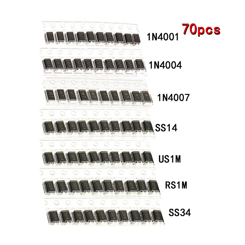 70pcs/lot SMD and Standard Diode Assortment Kit 7 Values 1N4001–1N4007 SS14 US1M RS1M SS34