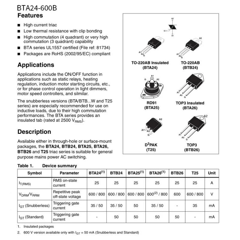 BTA24-600B TO-220 TRIAC High-Performance Power Switching IC