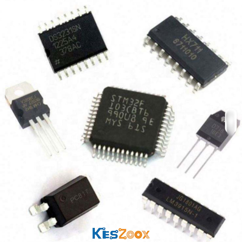 IC chip spot stock assortment at Keszoox — DS3231SN SOIC-16 high-accuracy real-time clock RTC ±2ppm I2C battery backup, HX711 SOP-16 24-bit ADC load cell amplifier strain gauge interface, STM32F103CBT6 LQFP-48 ARM Cortex-M3 32-bit MCU 72MHz 128KB Flash USB CAN, LM317 TO-220 adjustable LDO voltage regulator 1.25V-37V 1.5A, PC817 DIP-4 optocoupler CTR 50-300% 5000V isolation, LM3915N-1 DIP-18 LED bar graph driver 10-segment logarithmic, TO-247 high-power transistor MOSFET — spot stock IC chips for BOM matchin