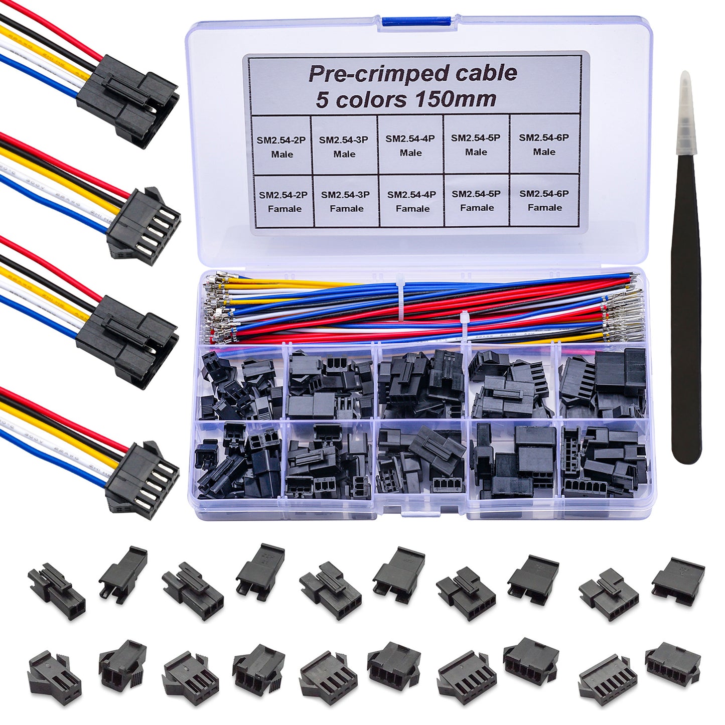 Complete JST-SM 2.54mm male and female connector kit with 22AWG pre-crimped cables