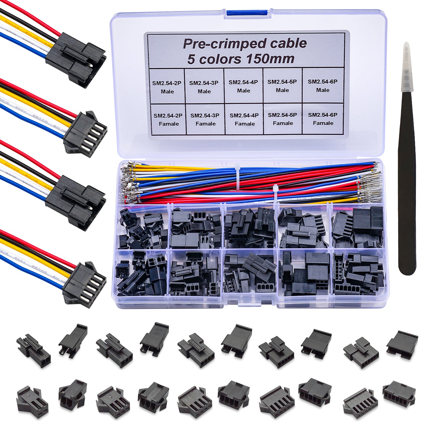 Complete JST-SM 2.54mm male and female connector kit with 22AWG pre-crimped cables