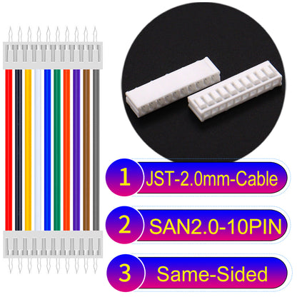 JST SAN2.0 10Pin Same-Side-Head cable, UL1007-certified, 2.0mm pitch, ensuring reliable connectivity for electronic and industrial devices.