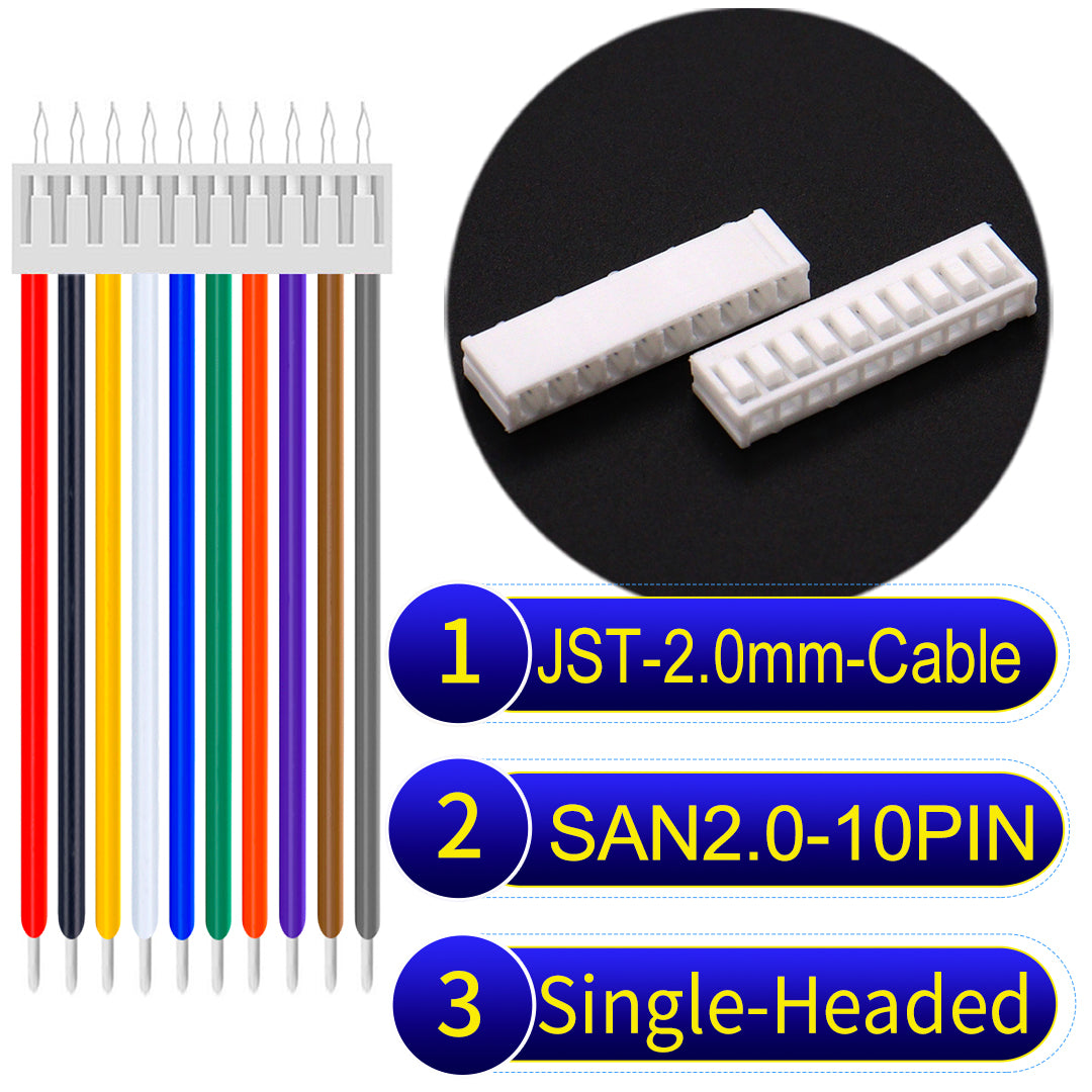 Premium JST SAN2.0 10Pin single-headed cable, 22AWG UL1007 material, 2.0mm pitch, ideal for LED, appliances, and industrial applications.