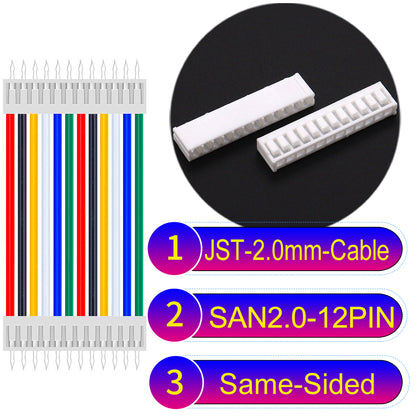 JST SAN2.0 12Pin Same-Side-Head cable, UL1007-certified, 2.0mm pitch, ensuring reliable connectivity for electronic and industrial devices.