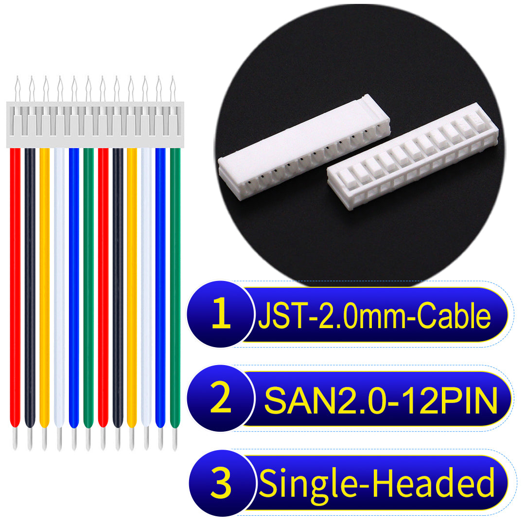 Premium JST SAN2.0 12Pin single-headed cable, 22AWG UL1007 material, 2.0mm pitch, ideal for LED, appliances, and industrial applications.