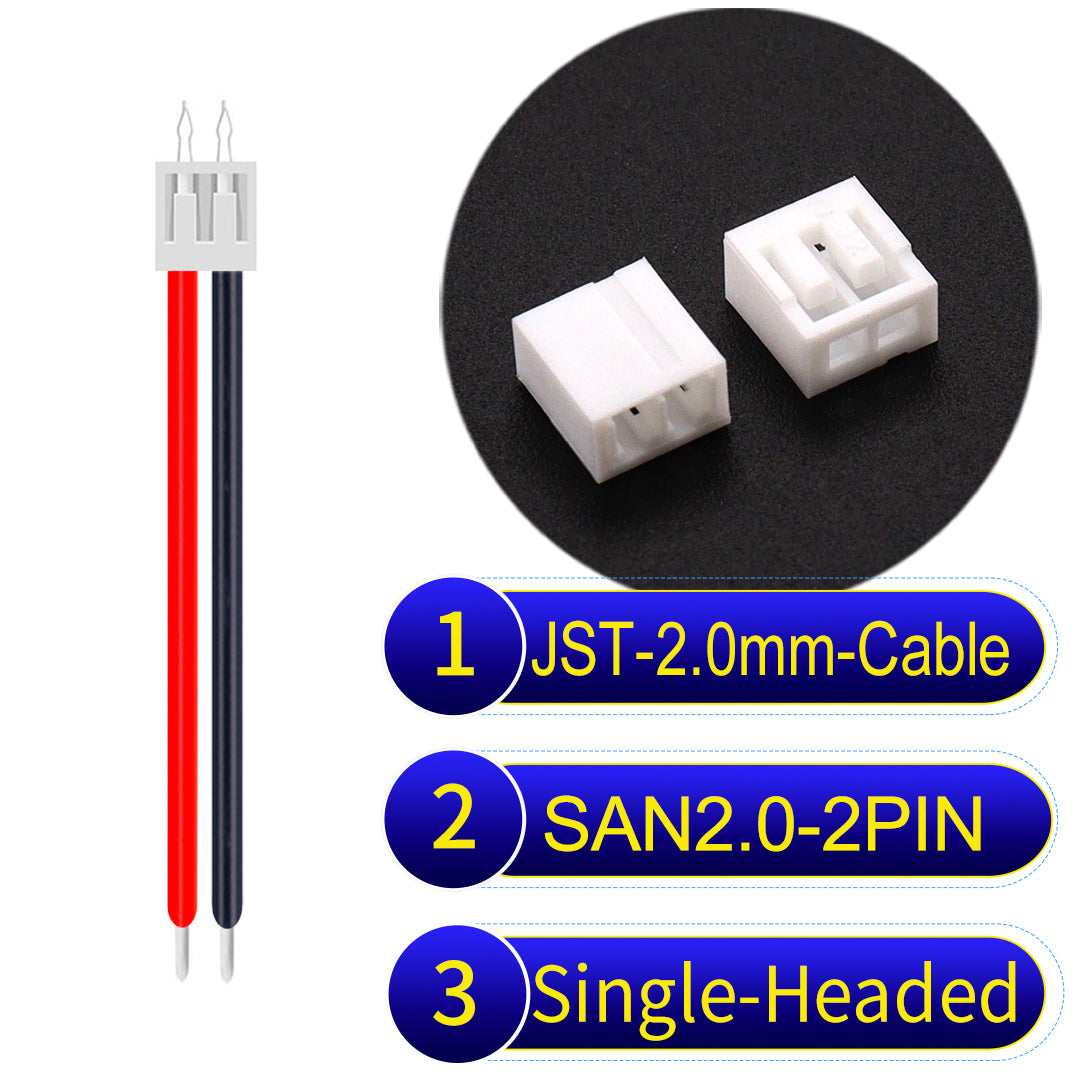 Premium JST SAN2.0 2Pin single-headed cable, 22AWG UL1007 material, 2.0mm pitch, ideal for LED, appliances, and industrial applications.