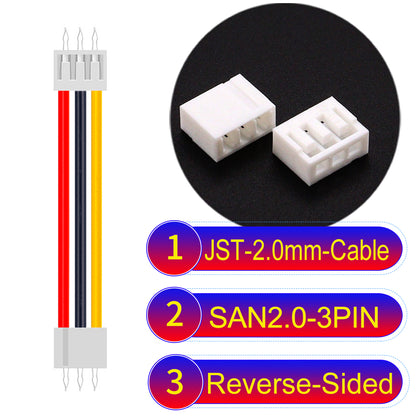 JST SAN2.0 3Pin Reverse-Side-Head cable, UL1007-certified, 2.0mm pitch, ensuring reliable connectivity for electronic and industrial devices.
