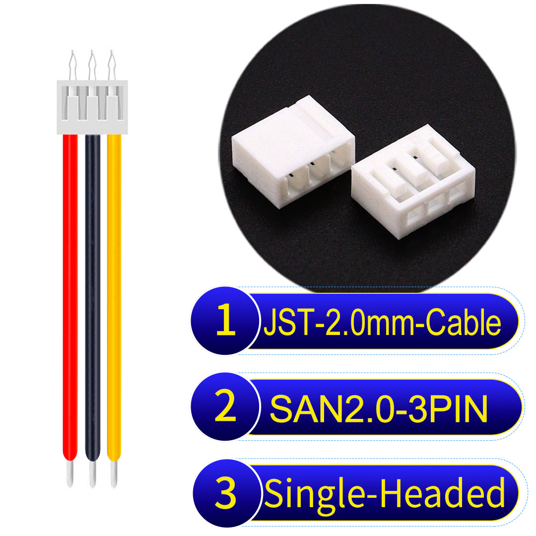 Premium JST SAN2.0 3Pin single-headed cable, 22AWG UL1007 material, 2.0mm pitch, ideal for LED, appliances, and industrial applications.