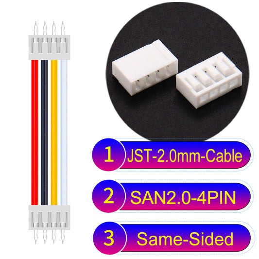 JST SAN2.0 4Pin Same-Side-Head cable, UL1007-certified, 2.0mm pitch, ensuring reliable connectivity for electronic and industrial devices.
