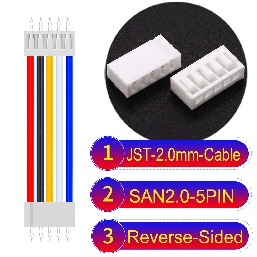 JST SAN2.0 5Pin Reverse-Side-Head cable, UL1007-certified, 2.0mm pitch, ensuring reliable connectivity for electronic and industrial devices.