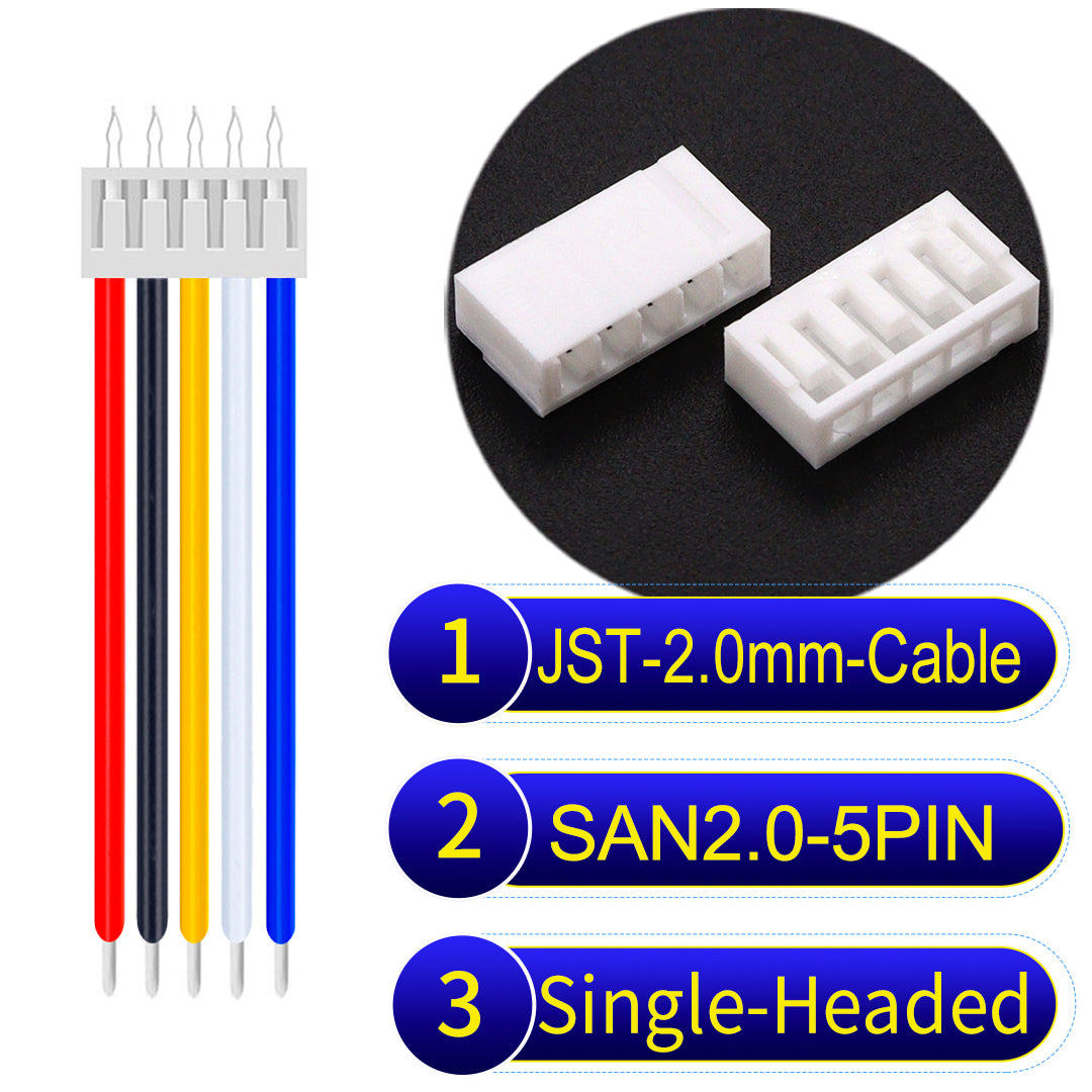 Premium JST SAN2.0 5Pin single-headed cable, 22AWG UL1007 material, 2.0mm pitch, ideal for LED, appliances, and industrial applications.