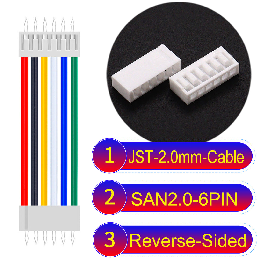 JST SAN2.0 6Pin Reverse-Side-Head cable, UL1007-certified, 2.0mm pitch, ensuring reliable connectivity for electronic and industrial devices.