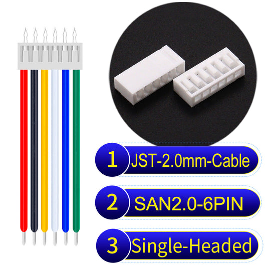 Premium JST SAN2.0 6Pin single-headed cable, 22AWG UL1007 material, 2.0mm pitch, ideal for LED, appliances, and industrial applications.