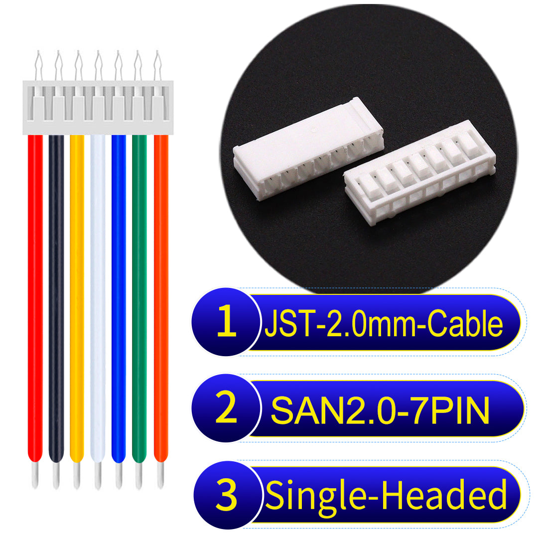 Premium JST SAN2.0 7Pin single-headed cable, 22AWG UL1007 material, 2.0mm pitch, ideal for LED, appliances, and industrial applications.