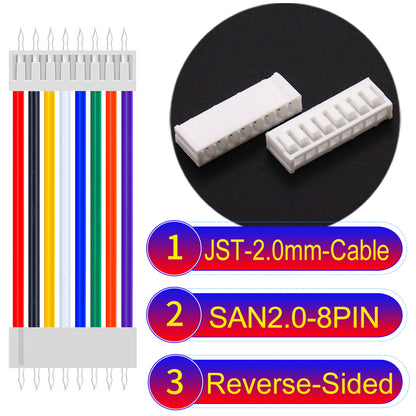 JST SAN2.0 8Pin Reverse-Side-Head cable, UL1007-certified, 2.0mm pitch, ensuring reliable connectivity for electronic and industrial devices.