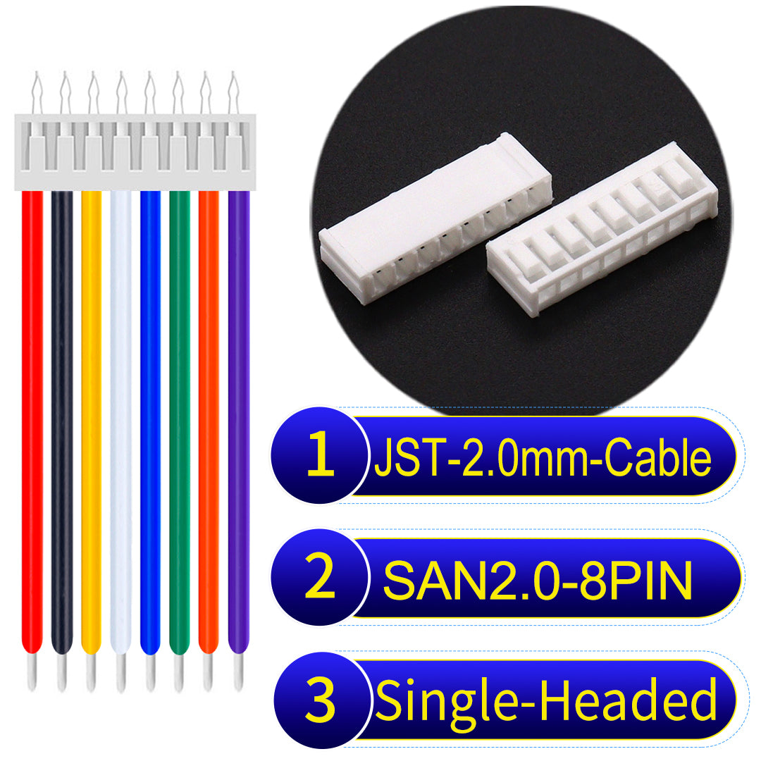 Premium JST SAN2.0 8Pin single-headed cable, 22AWG UL1007 material, 2.0mm pitch, ideal for LED, appliances, and industrial applications.