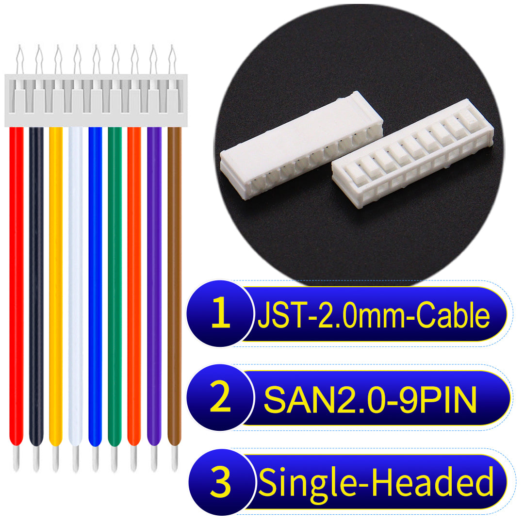 Premium JST SAN2.0 9Pin single-headed cable, 22AWG UL1007 material, 2.0mm pitch, ideal for LED, appliances, and industrial applications.