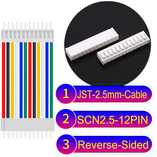 JST SCN2.5 12Pin Reverse-Side-Head cable, UL1007-certified, 2.5mm pitch, offering reliable signal transmission for electronic and industrial applications.