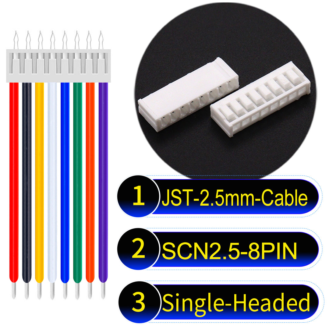 JST SCN2.5 8Pin single-headed cable, UL1007-certified, 2.5mm pitch, offering reliable signal transmission for electronic and industrial applications.
