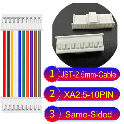 JST XA 2.5mm 10Pin Same-Side-Head cable with 22AWG copper wire and UL1007-certified PVC, suitable for home appliances, automotive electronics, etc.