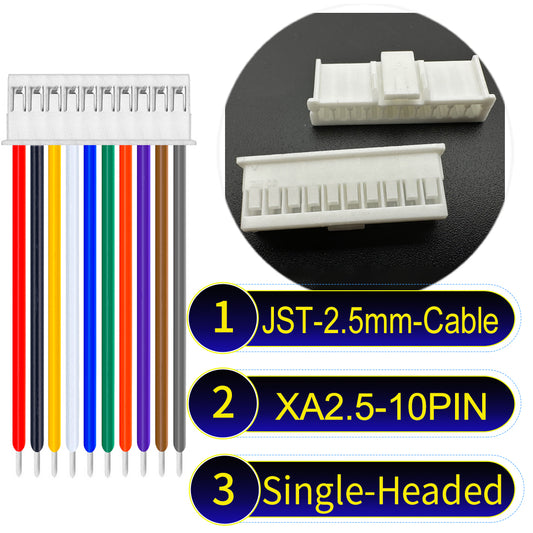 JST XA 2.5mm 10Pin single-headed cable with 22AWG copper wire and UL1007-certified PVC, suitable for home appliances, automotive electronics, etc.