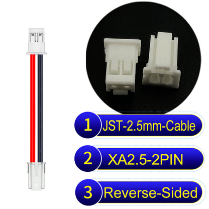JST XA 2.5mm 2Pin Reverse-Side-Head cable with 22AWG copper wire and UL1007-certified PVC, suitable for home appliances, automotive electronics, etc.