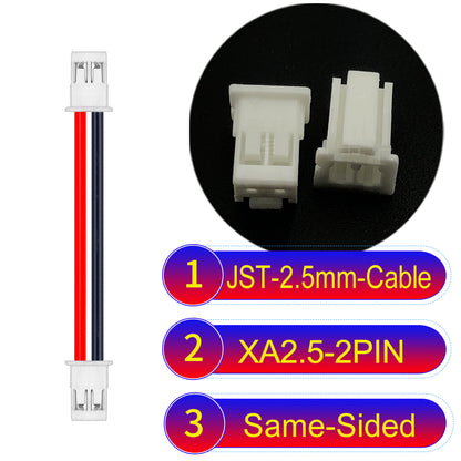 JST XA 2.5mm 2Pin Same-Side-Head cable with 22AWG copper wire and UL1007-certified PVC, suitable for home appliances, automotive electronics, etc.